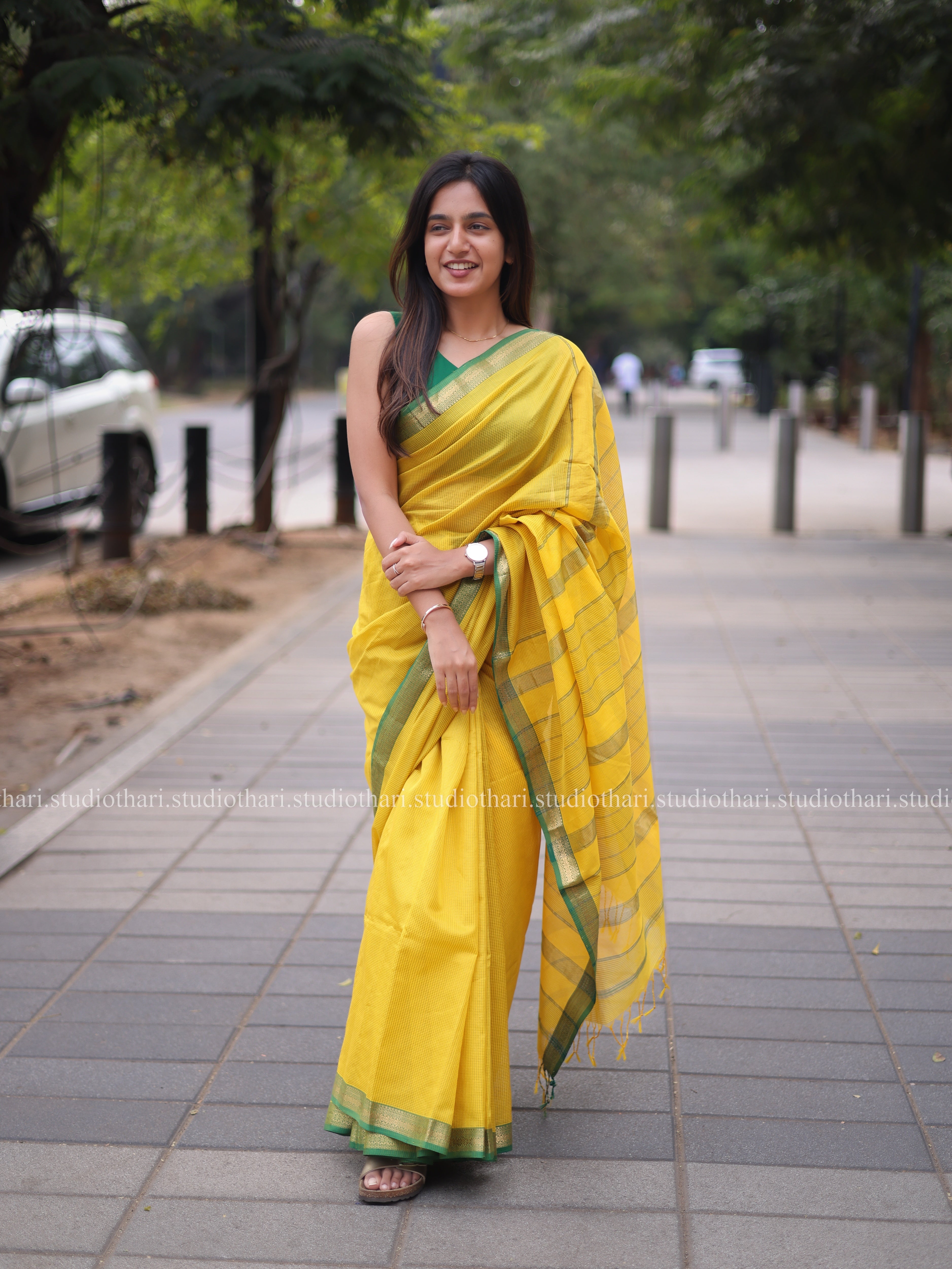 Yellow with green Border Pure Maheshwari Silk cotton saree
